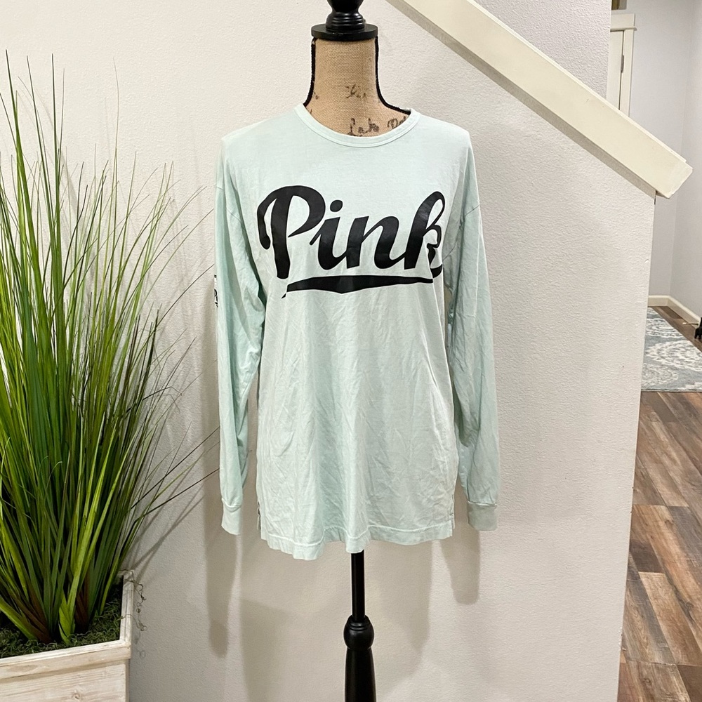 VS PINK long sleeve, open back shirt, very light blue/sea foam green color